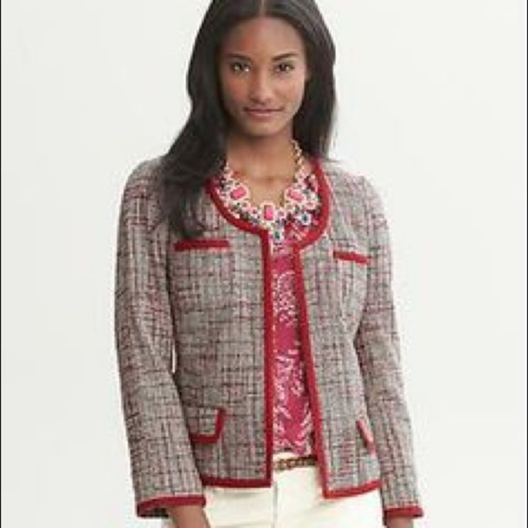 Banana Republic Red Gray Tweed Jacket Red Piping - Picture 2 of 8